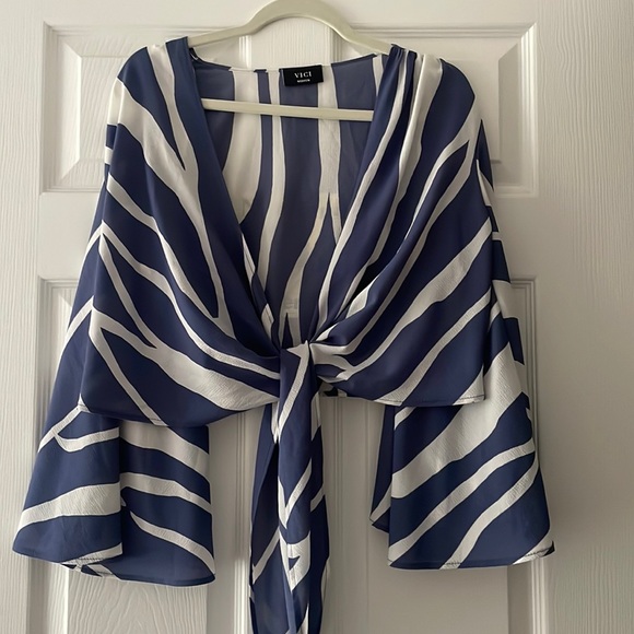 VICI BLUE AND WHITE STRIPED TIE BLOUSE - Picture 1 of 5